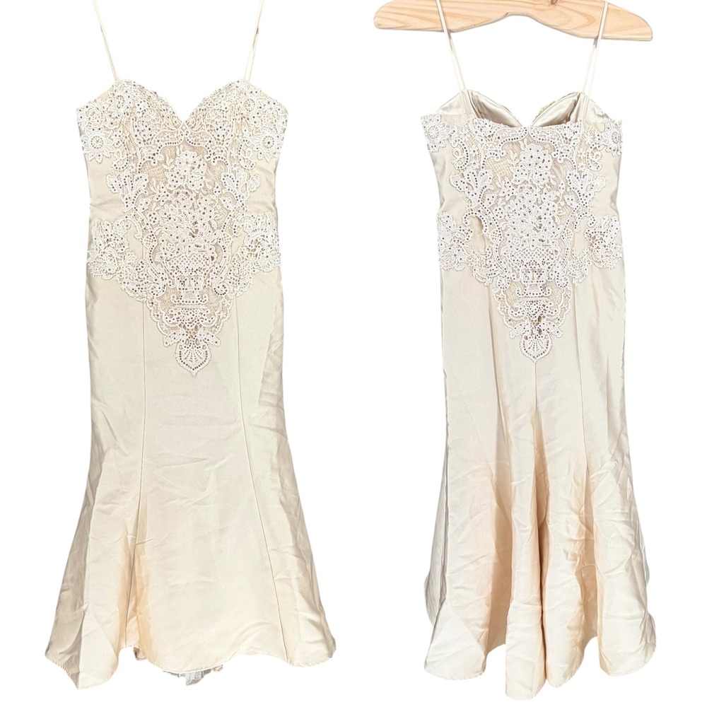 Cristina Acedo Mermaid Gown M Champagne Beaded Lace Satin Spaghetti Strap Maxi